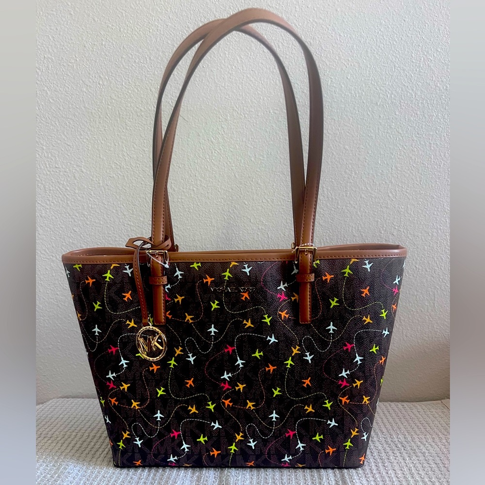 Micheal Kors Jet Set Brown Multi Color Airplane Print Carryall Tote